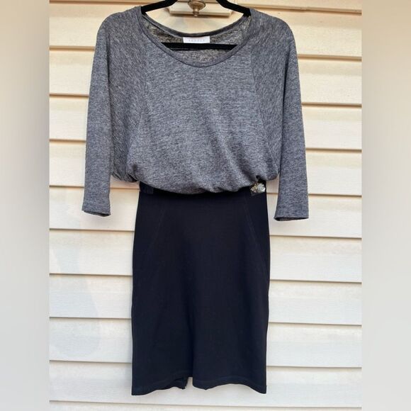 Sandro high end black & gray knee length dress, 2/3 sleeve, back zipper,1 (S/XS)